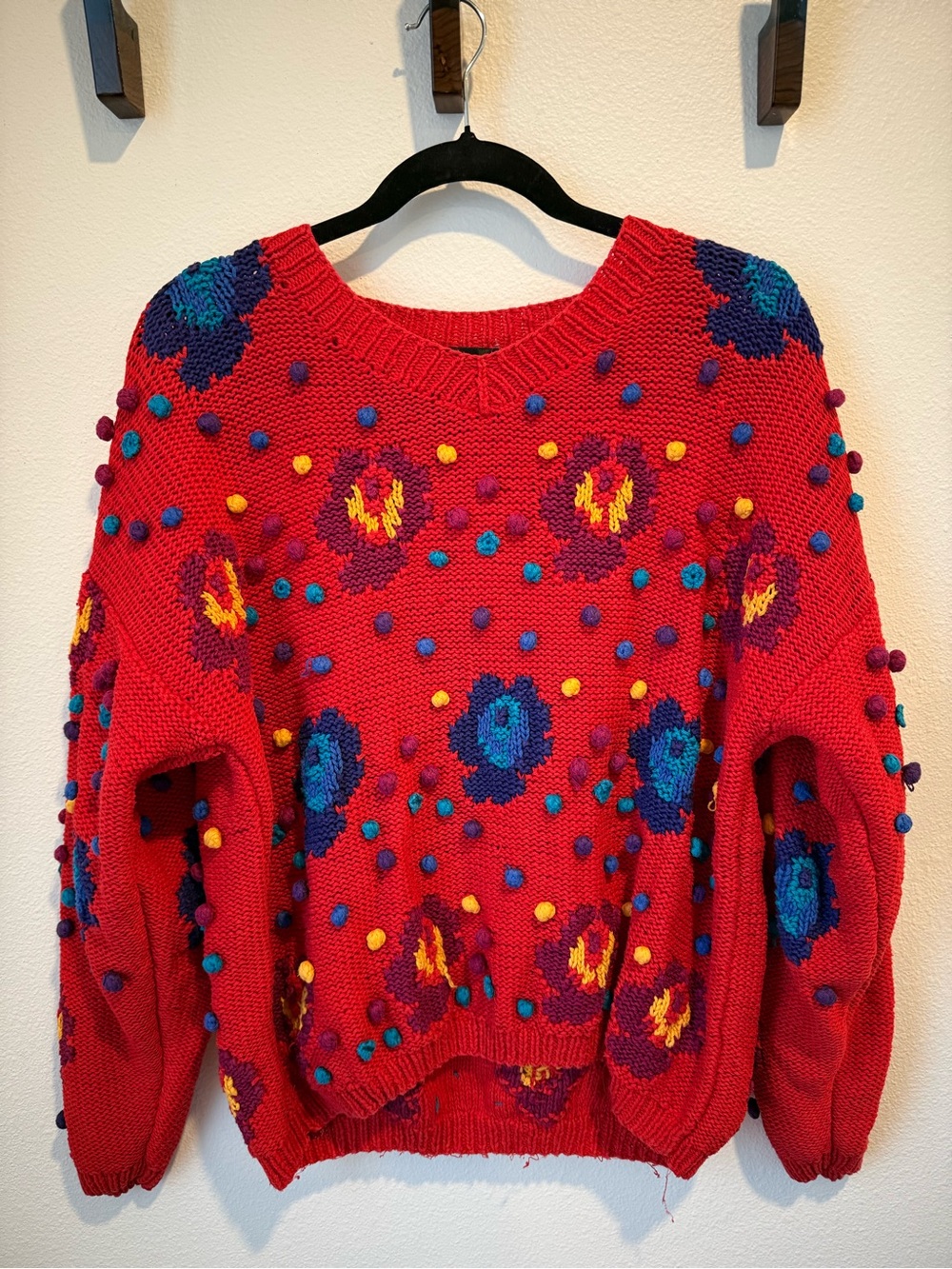 Vintage 80s Women’s Red Pom-Pom Floral Knit Sweater